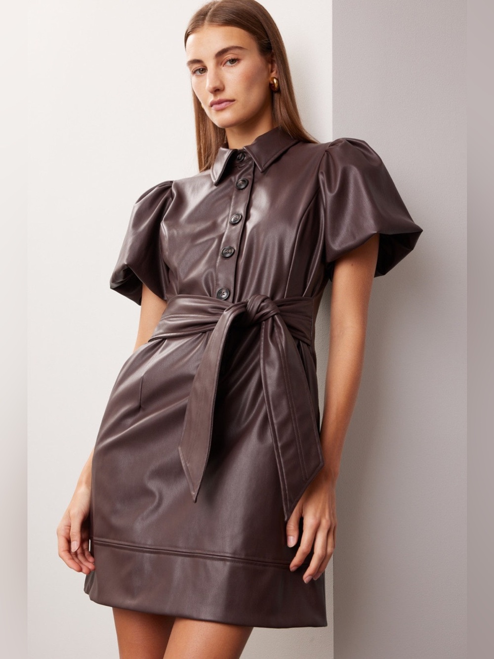 Puff-Sleeve Faux Leather Mini Dress in Dark Brown - Picture 2 of 8